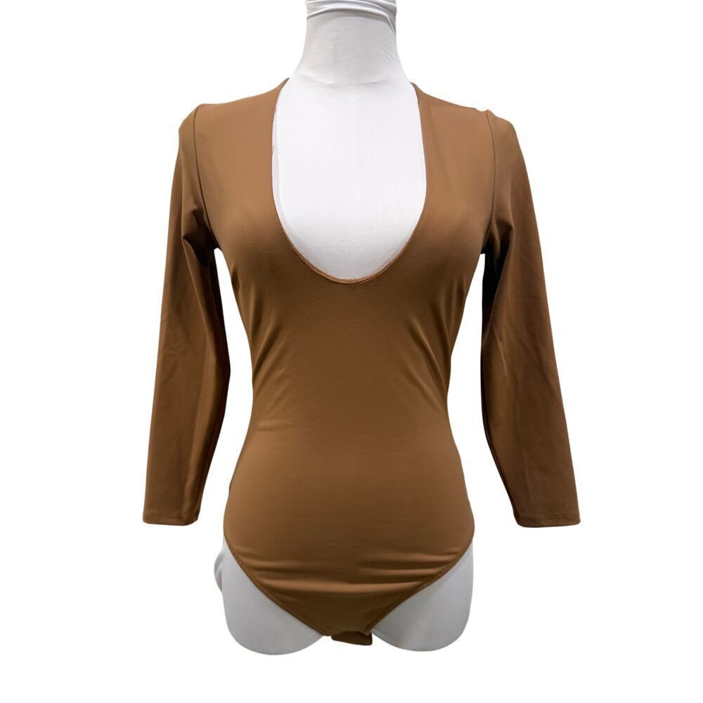 Intimately Free People Deep Plunge Bodysuit XS Camel Nude Stretch Going Out Soft
